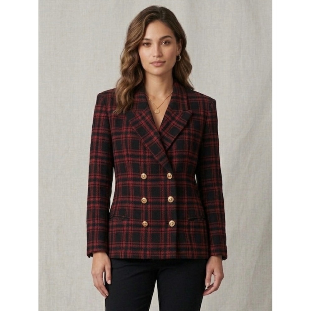 Pendleton Blazer Women 14 Red Black Plaid Wool Blend Double Breasted Vintage